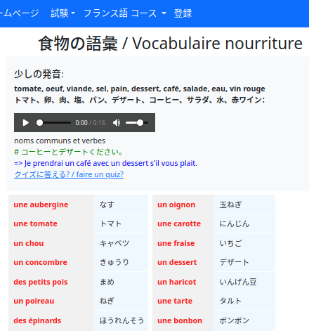 フランス語 ボキャブラリー 発音  オーディオ audio nourriture テスト 試験 初心者  中間レベル 旅行 クイズ